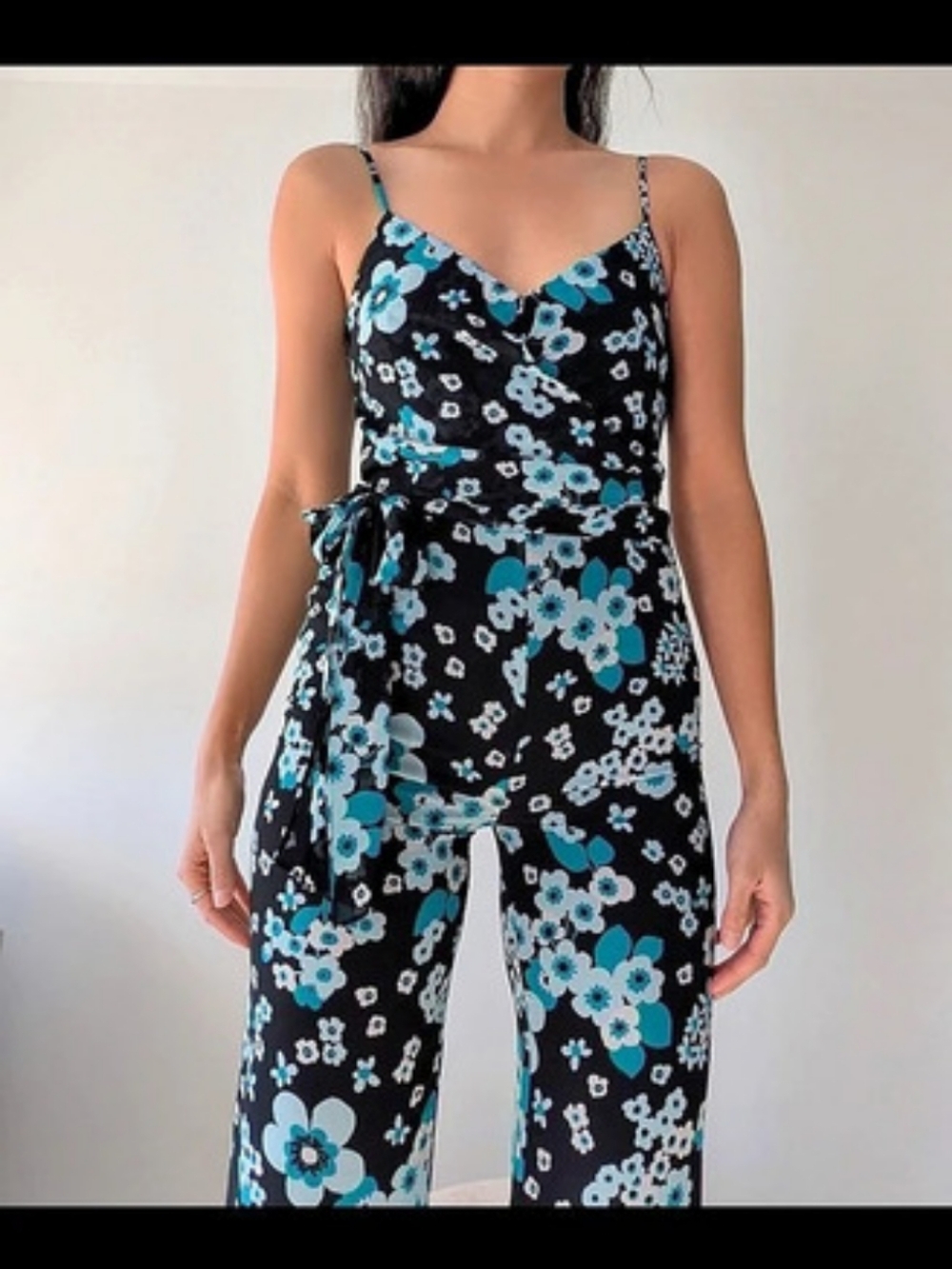 Michael Kors Black Floral Spaghetti-Strap Wrap Jumpsuit